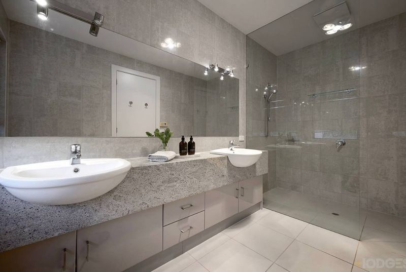 Second view of the modern bathroom and double vanity